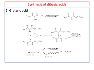 Synthesis of dibasic acids
2. Glutaric acid
CH3
O
O O
CH3
EAA
2 NaOC 2H5/C2H5OH2
CH3
O
O O
CH3
Na
2
CH3
O
O O
CH3
Na
CH3O
O
CH3
O
Na
+
I
I
CH2
CH3
O
O O
CH3
CH3O
O
CH3
O
CH2
i. KOH,heat
ii. HCl/H 2O, heat
2CH 3COOH + COOH
COOH
+ 2C2H5OH
Glutaric acid
Acetic acid
 