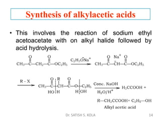 Synthesis of alkylacetic acids
• This involves the reaction of sodium ethyl
acetoacetate with on alkyl halide followed by
acid hydrolysis.
Dr. SATISH S. KOLA 14
 