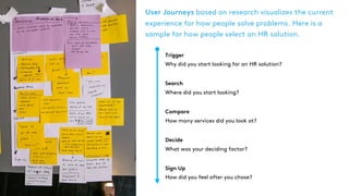 User Journeys based on research visualizes the current
experience for how people solve problems. Here is a
sample for how people select an HR solution.
Trigger 
Why did you start looking for an HR solution?
Search 
Where did you start looking?
Compare 
How many services did you look at?
Decide 
What was your deciding factor?
Sign Up 
How did you feel after you chose?
 