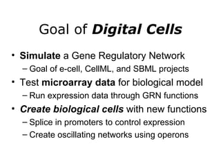 Goal of  Digital Cells Simulate  a Gene Regulatory Network Goal of e-cell, CellML, and SBML projects Test  microarray data  for biological model Run expression data through GRN functions Create biological cells  with new functions Splice in promoters to control expression Create oscillating networks using operons 
