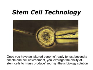 Stem Cell   Technology Once you have an ‘altered genome’ ready to test beyond a simple one cell environment, you leverage the ability of stem cells to ‘mass produce’ your synthetic biology solution 