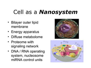 Cell as a  Nanosystem Bilayer outer lipid membrane Energy apparatus Diffuse metabolome Proteome with signaling network DNA / RNA operating system, nucleosome miRNA control units 