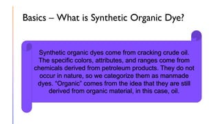 Basics – What is Synthetic Organic Dye?
Synthetic organic dyes come from cracking crude oil.
The specific colors, attributes, and ranges come from
chemicals derived from petroleum products. They do not
occur in nature, so we categorize them as manmade
dyes. “Organic” comes from the idea that they are still
derived from organic material, in this case, oil.
 