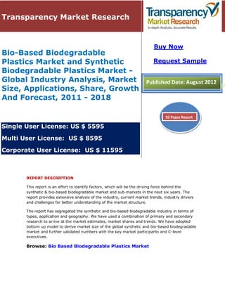 Transparency Market Research


                                                                            Buy Now
Bio-Based Biodegradable
Plastics Market and Synthetic      Request Sample
Biodegradable Plastics Market -
Global Industry Analysis, Market Published Date: August 2012
Size, Applications, Share, Growth
And Forecast, 2011 - 2018

                                                                                  92 Pages Report

Single User License: US $ 5595

Multi User License: US $ 8595

Corporate User License: US $ 11595



       REPORT DESCRIPTION

       This report is an effort to identify factors, which will be the driving force behind the
       synthetic & bio-based biodegradable market and sub-markets in the next six years. The
       report provides extensive analysis of the industry, current market trends, industry drivers
       and challenges for better understanding of the market structure.

       The report has segregated the synthetic and bio-based biodegradable industry in terms of
       types, application and geography. We have used a combination of primary and secondary
       research to arrive at the market estimates, market shares and trends. We have adopted
       bottom up model to derive market size of the global synthetic and bio-based biodegradable
       market and further validated numbers with the key market participants and C-level
       executives.

       Browse: Bio Based Biodegradable Plastics Market
 