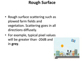 Rough Surface
• Rough surface scattering such as
plowed farm fields and
vegetation. Scattering goes in all
directions diffusely.
• For example, typical pixel values
will be greater than -20dB and
in grey.
 