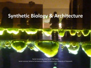Synthetic Biology & Architecture
Rachel Armstrong, 2010 Senior TED Fellow
Senior Lecturer, School of Architecture, Design & Construction, University of Greenwich
 