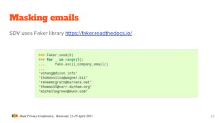 Data Privacy Conference, Rootconf, 23-29 April 2021
Masking emails
23
SDV uses Faker library https://faker.readthedocs.io/
 