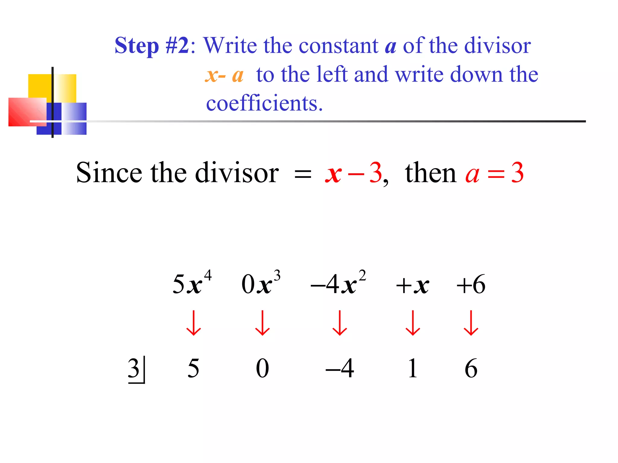 Step #2: Write the constant a of the divisor
x- a to the left and write down the
coefficients.

Since the divisor = x − 3, then a = 3

5x

4

0x

3

−4 x

2

+ x +6

↓
3

↓

↓

↓

↓

5

0

−4

1

6

 