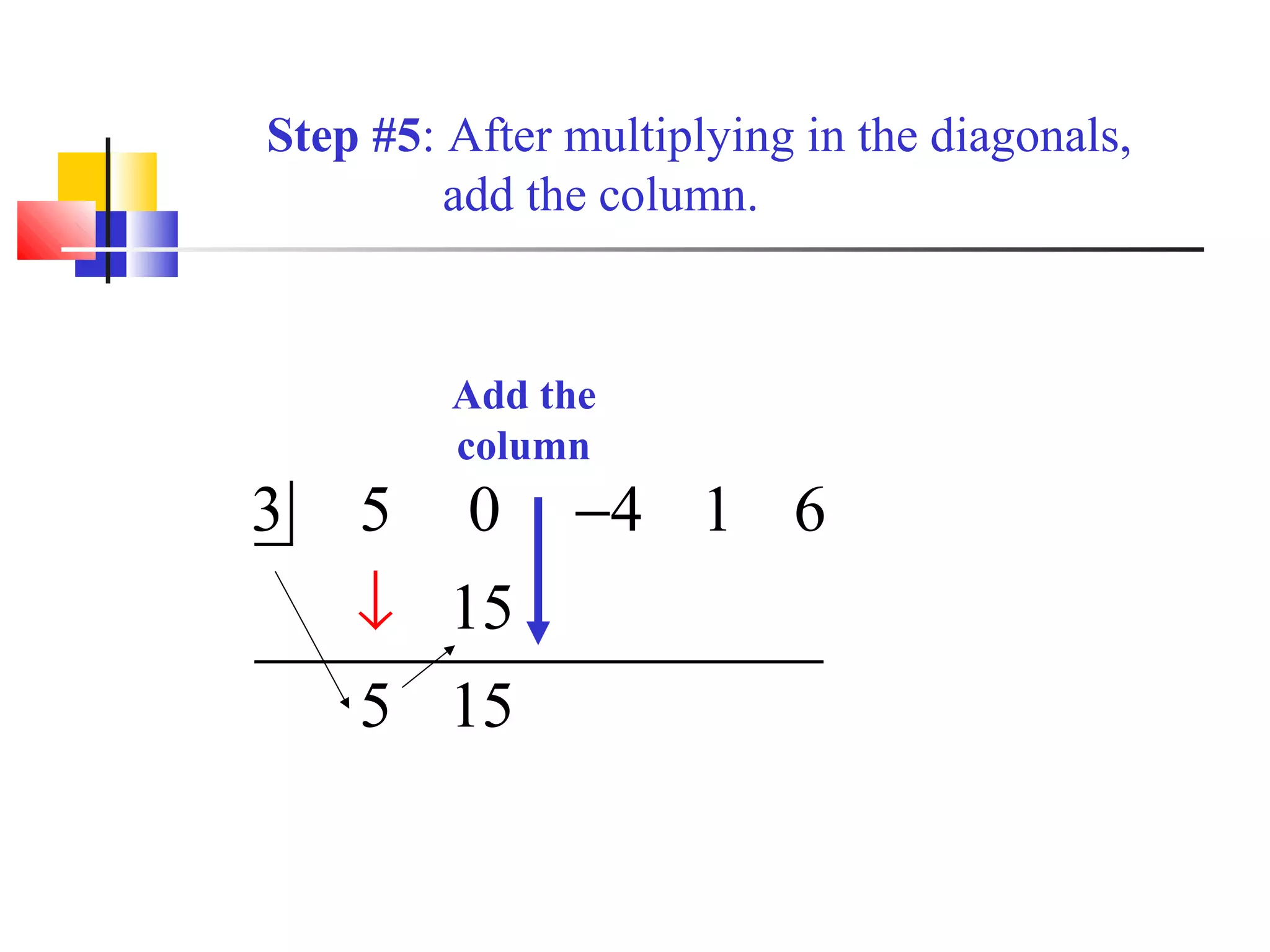 Step #5: After multiplying in the diagonals,
add the column.

Add the
column

3

5 0 −4 1 6
↓ 15
5 15

 