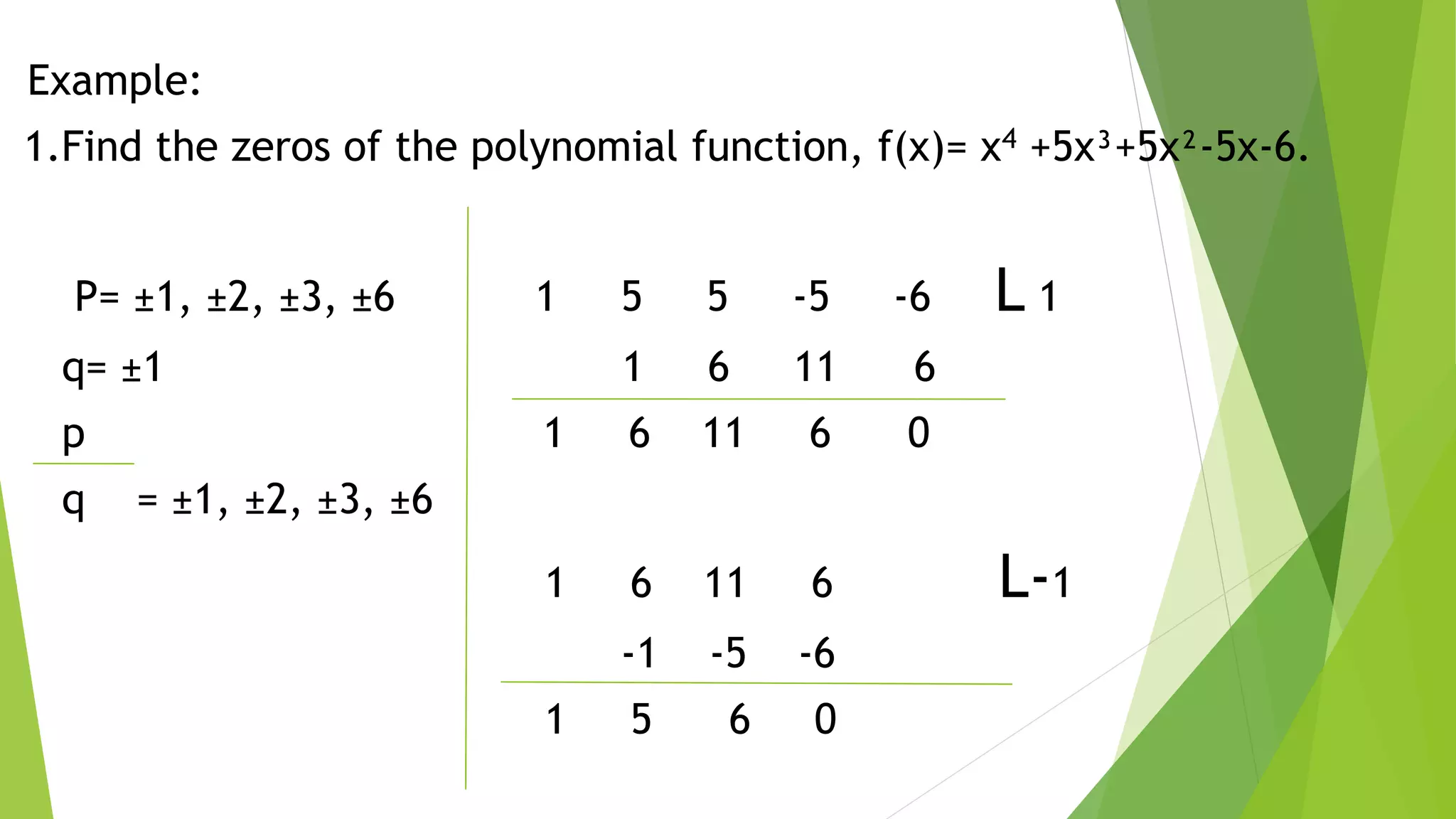 Example:
1.Find the zeros of the polynomial function, f(x)= x4 +5x³+5x²-5x-6.
P= ±1, ±2, ±3, ±6 1 5 5 -5 -6 L 1
q= ±1 1 6 11 6
p 1 6 11 6 0
q = ±1, ±2, ±3, ±6
1 6 11 6 L-1
-1 -5 -6
1 5 6 0
 