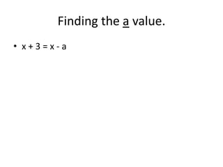 Finding the a value.
• x+3=x-a
 