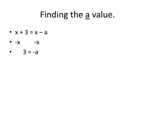 Finding the a value.
• x+3=x–a
• -x      -x
•    3 = -a
 