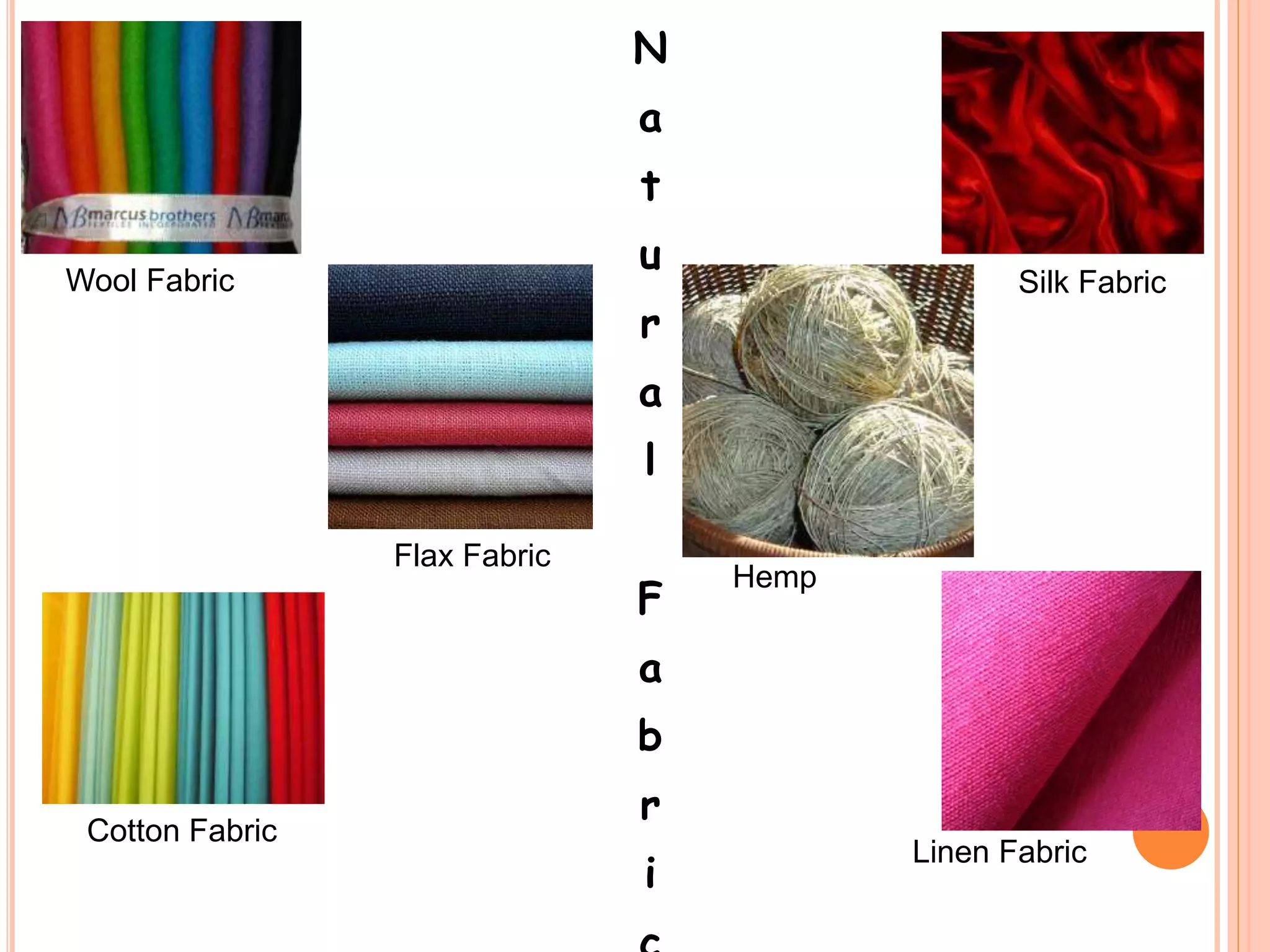 Wool Fabric
N
a
t
u
r
a
l
F
a
b
r
i
Silk Fabric
Flax Fabric
Cotton Fabric
Linen Fabric
Hemp
 