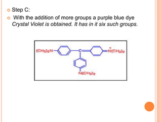  Step C:
 With the addition of more groups a purple blue dye
Crystal Violet is obtained. It has in it six such groups.
 