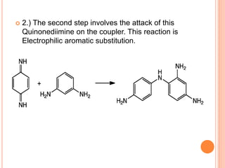  2.) The second step involves the attack of this
Quinonediimine on the coupler. This reaction is
Electrophilic aromatic substitution.
 