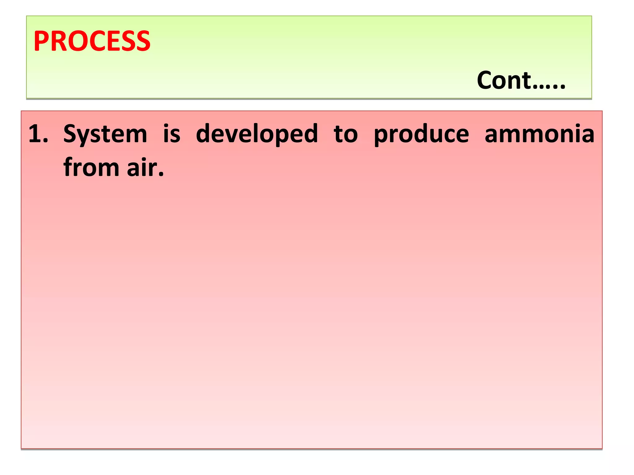1. System  is  developed  to  produce  ammonia 
from air.
1. System  is  developed  to  produce  ammonia 
from air.
PROCESS
Cont…..
PROCESS
Cont…..
 