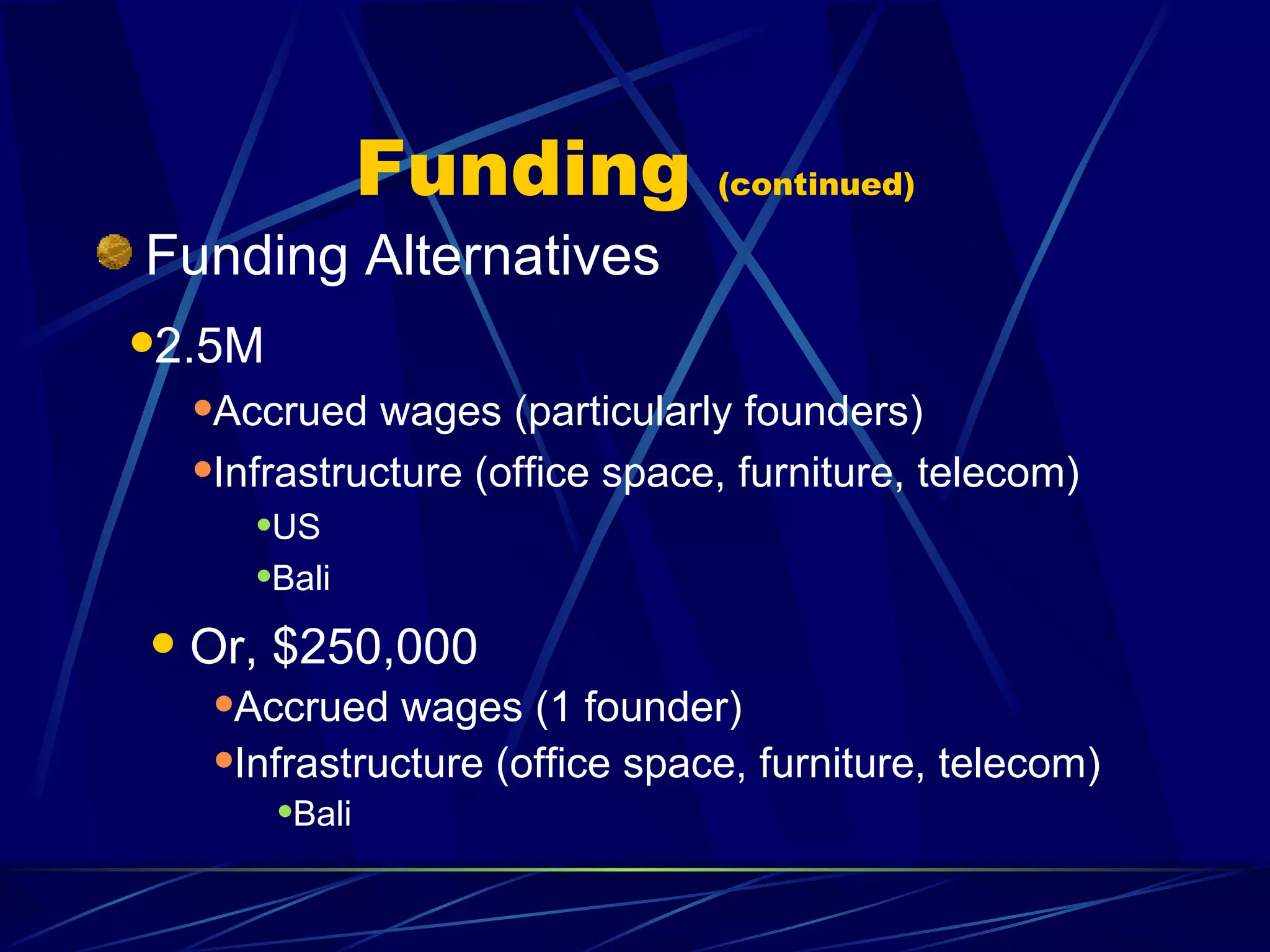 Funding    (continued)

Funding Alternatives
2.5M
    Accrued   wages (particularly founders)
    Infrastructure (office space, furniture, telecom)
       US
       Bali


   Or, $250,000
     Accrued   wages (1 founder)
     Infrastructure (office space, furniture, telecom)
              Bali
 