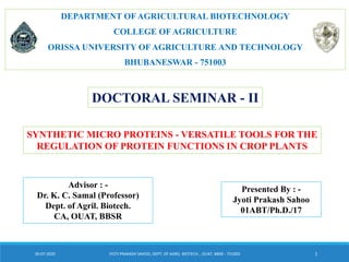 DEPARTMENT OF AGRICULTURAL BIOTECHNOLOGY
COLLEGE OF AGRICULTURE
ORISSA UNIVERSITY OF AGRICULTURE AND TECHNOLOGY
BHUBANESWAR - 751003
DOCTORAL SEMINAR - II
SYNTHETIC MICRO PROTEINS - VERSATILE TOOLS FOR THE
REGULATION OF PROTEIN FUNCTIONS IN CROP PLANTS
Presented By : -
Jyoti Prakash Sahoo
01ABT/Ph.D./17
JYOTI PRAKASH SAHOO, DEPT. OF AGRIL. BIOTECH. , OUAT, BBSR - 751003 1
Advisor : -
Dr. K. C. Samal (Professor)
Dept. of Agril. Biotech.
CA, OUAT, BBSR
30-07-2020
 