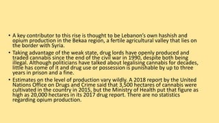 • A key contributor to this rise is thought to be Lebanon’s own hashish and
opium production in the Bekaa region, a fertile agricultural valley that lies on
the border with Syria.
• Taking advantage of the weak state, drug lords have openly produced and
traded cannabis since the end of the civil war in 1990, despite both being
illegal. Although politicians have talked about legalising cannabis for decades,
little has come of it and drug use or possession is punishable by up to three
years in prison and a fine.
• Estimates on the level of production vary wildly. A 2018 report by the United
Nations Office on Drugs and Crime said that 3,500 hectares of cannabis were
cultivated in the country in 2015, but the Ministry of Health put that figure as
high as 20,000 hectares in its 2017 drug report. There are no statistics
regarding opium production.
 
