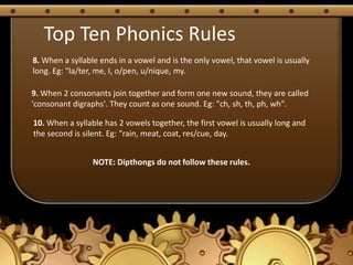 Top Ten Phonics Rules
8. When a syllable ends in a vowel and is the only vowel, that vowel is usually
long. Eg: "la/ter, me, I, o/pen, u/nique, my.

9. When 2 consonants join together and form one new sound, they are called
'consonant digraphs'. They count as one sound. Eg: "ch, sh, th, ph, wh".

10. When a syllable has 2 vowels together, the first vowel is usually long and
the second is silent. Eg: "rain, meat, coat, res/cue, day.


                 NOTE: Dipthongs do not follow these rules.
 