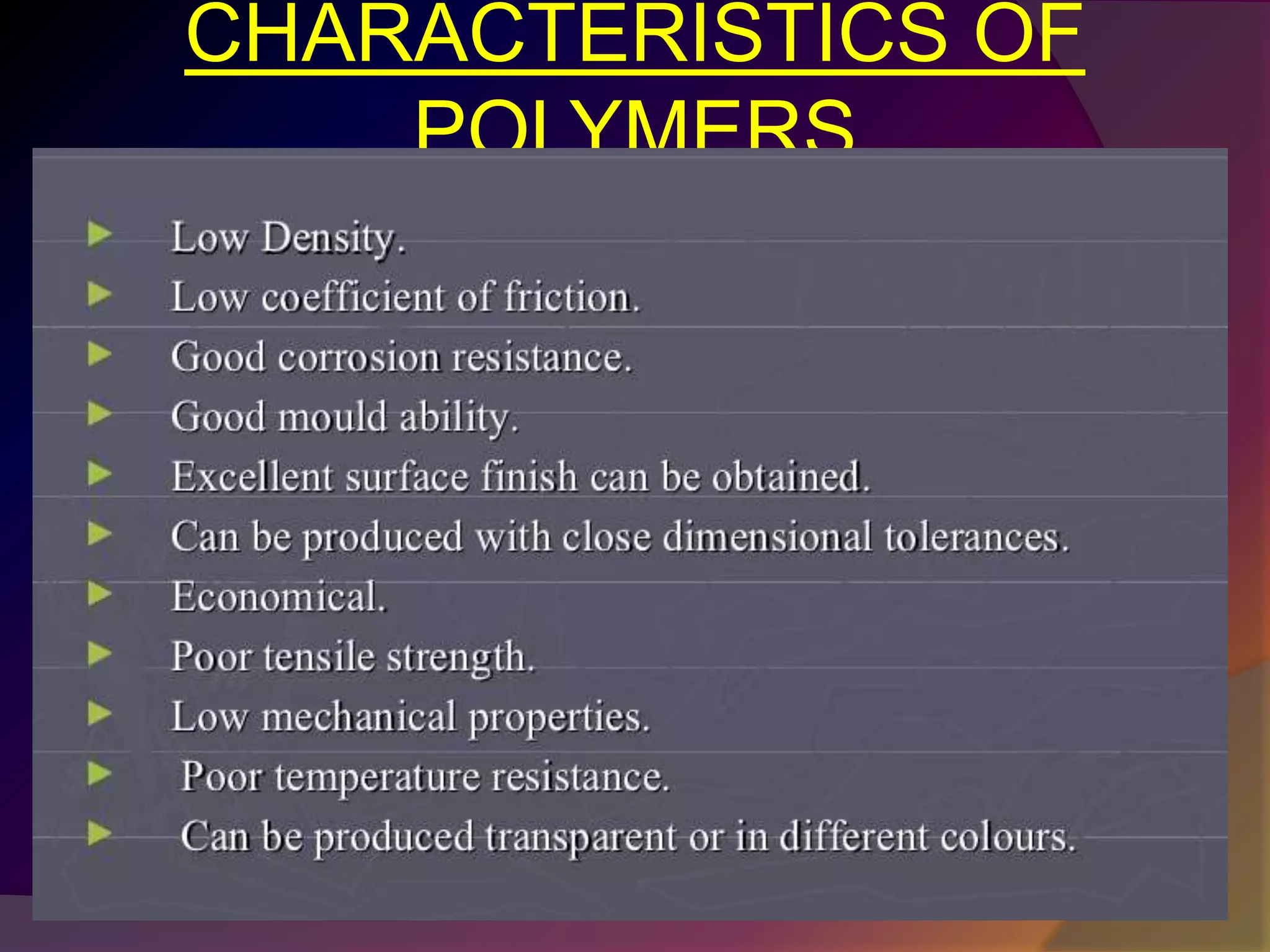 CHARACTERISTICS OF
POLYMERS
 