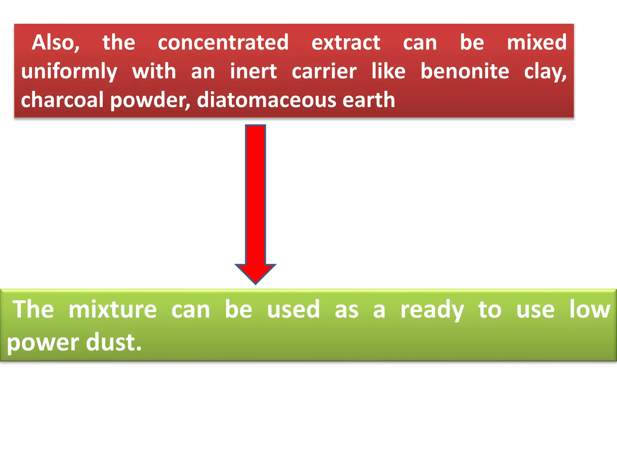 Also, the concentrated extract can be mixed 
uniformly with an inert carrier like benonite clay, 
charcoal powder, diatomaceous earth 
The mixture can be used as a ready to use low 
power dust. 
 
