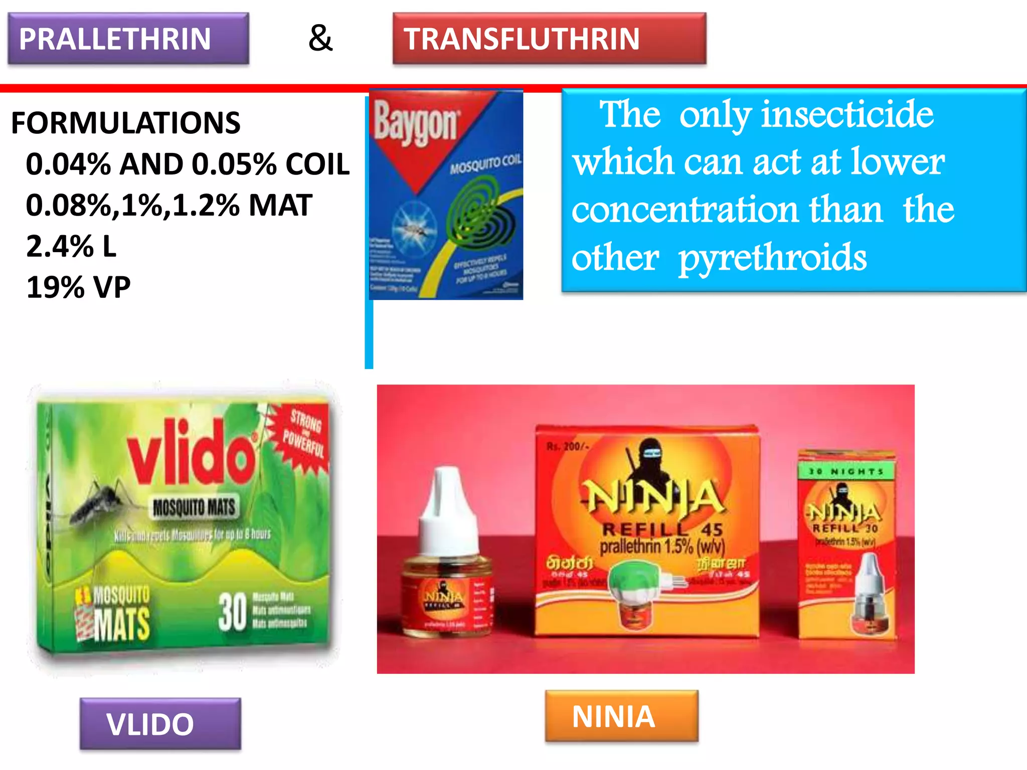PRALLETHRIN 
& TRANSFLUTHRIN 
The only insecticide 
which can act at lower 
concentration than the 
other pyrethroids 
FORMULATIONS 
0.04% AND 0.05% COIL 
0.08%,1%,1.2% MAT 
2.4% L 
19% VP 
VLIDO NINIA 
 