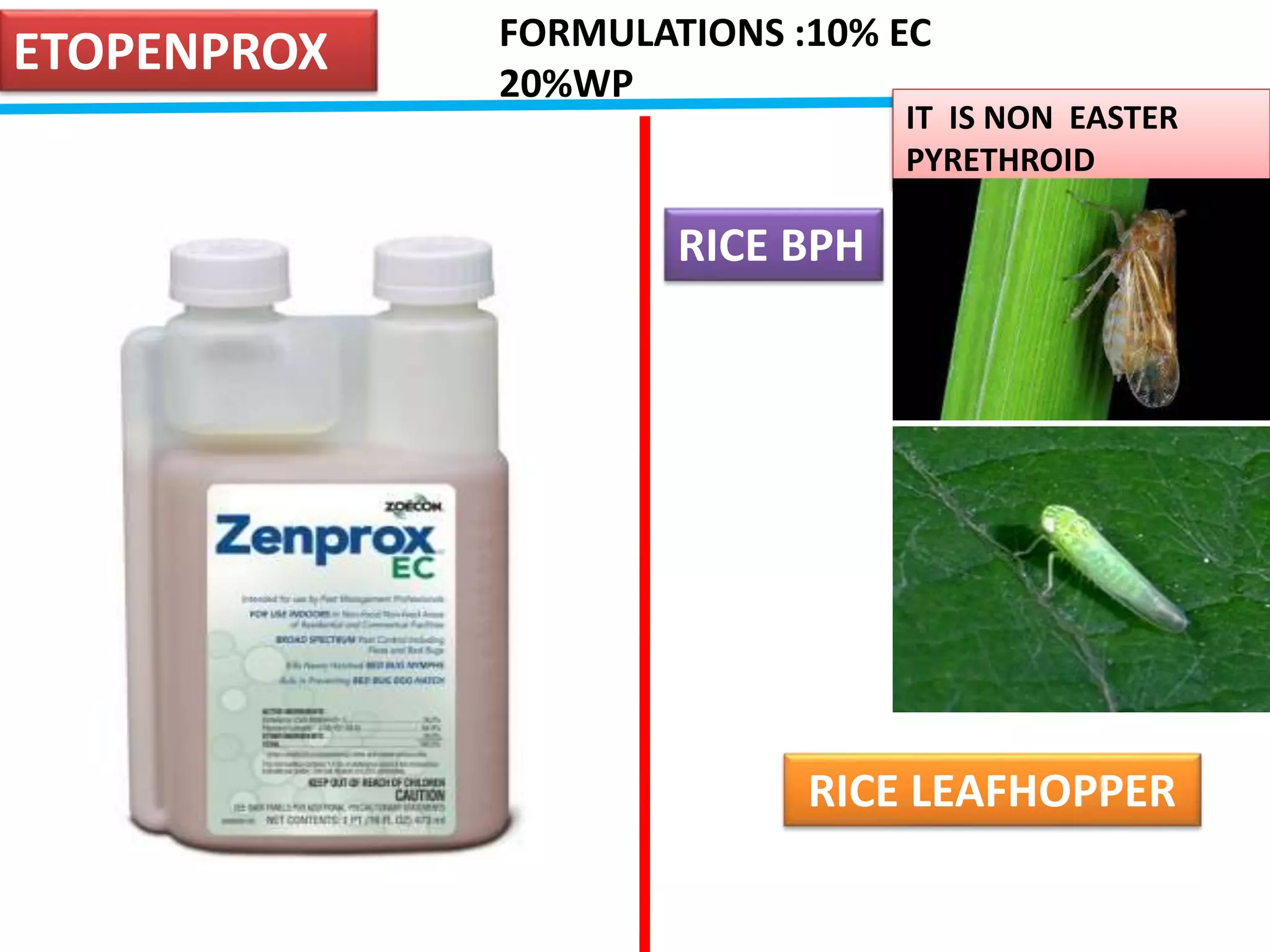 ETOPENPROX 
FORMULATIONS :10% EC 
20%WP 
IT IS NON EASTER 
PYRETHROID 
RICE BPH 
RICE LEAFHOPPER 
 