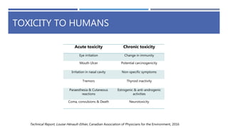 TOXICITY TO HUMANS
Technical Report, Louise Hénault-Ethier, Canadian Association of Physicians for the Environment, 2016
Acute toxicity Chronic toxicity
Eye irritation Change in immunity
Mouth Ulcer Potential carcinogenicity
Irritation in nasal cavity Non-specific symptoms
Tremors Thyroid inactivity
Paraesthesia & Cutaneous
reactions
Estrogenic & anti-androgenic
activities
Coma, convulsions & Death Neurotoxicity
 