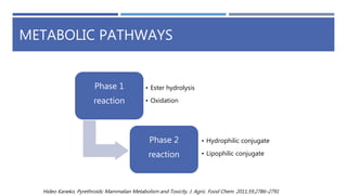METABOLIC PATHWAYS
Phase 1
reaction
• Ester hydrolysis
• Oxidation
Phase 2
reaction
• Hydrophilic conjugate
• Lipophilic conjugate
Hideo Kaneko, Pyrethroids: Mammalian Metabolism and Toxicity, J. Agric. Food Chem. 2011,59,2786–2791
 