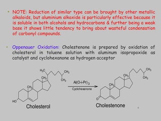 • Oppenauer Oxidation: Cholestenone is prepared by oxidation of
cholesterol in toluene solution with aluminum isopropoxide as
catalyst and cyclohexanone as hydrogen acceptor
• NOTE: Reduction of similar type can be brought by other metallic
alkaloids, but aluminium alkoxide is particularly effective because it
is soluble in both alcohols and hydrocarbons & further being a weak
base it shows little tendency to bring about wasteful condensation
of carbonyl compounds.
Al(O-i-Pr) 3
Cyclohexanone
Cholesterol Cholestenone
C
H3 CH3
CH3
CH3
CH3
O
H
CH3
CH3
CH3
CH3
O
6
 