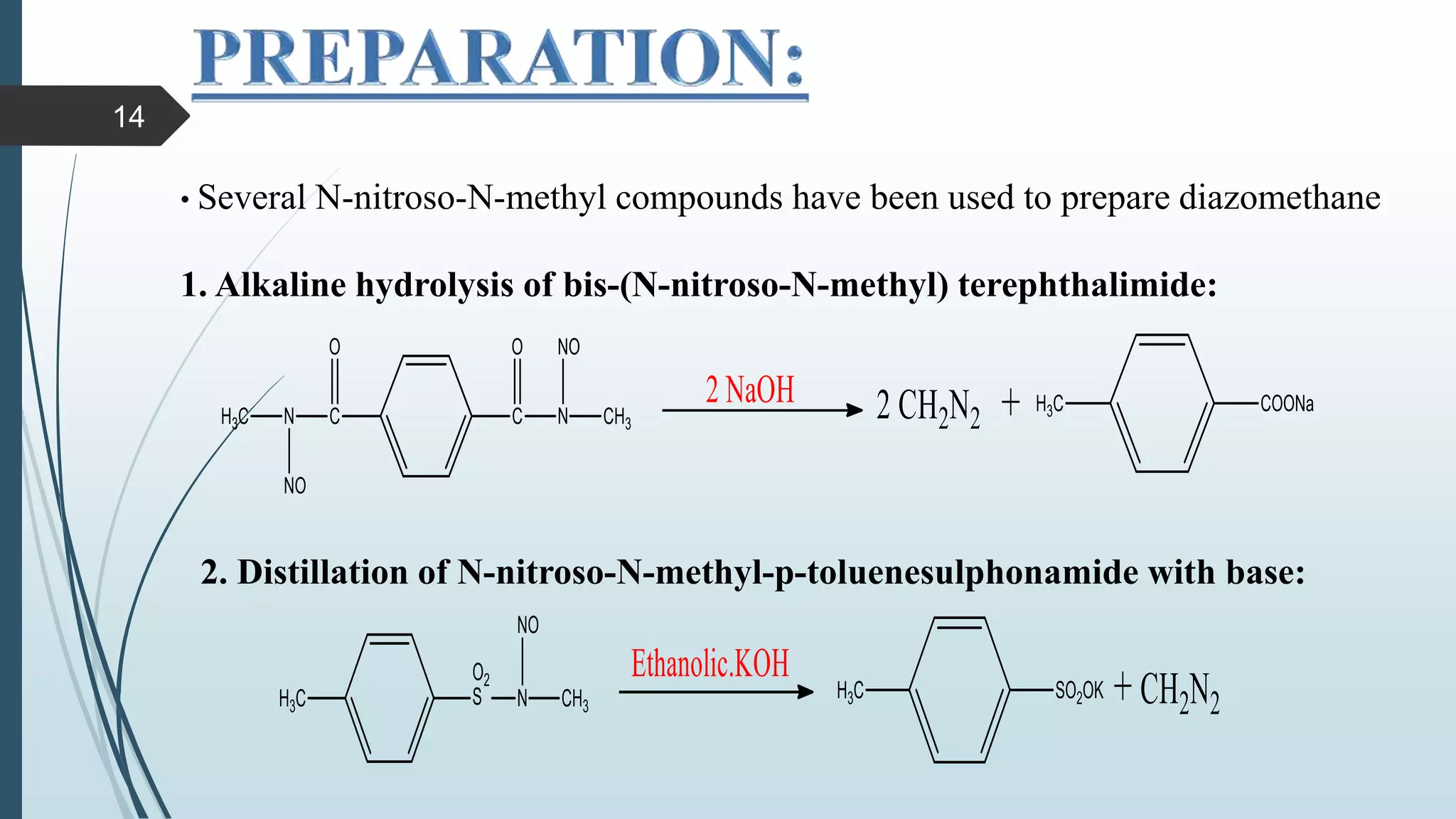 • Several N-nitroso-N-methyl compounds have been used to prepare diazomethane
1. Alkaline hydrolysis of bis-(N-nitroso-N-methyl) terephthalimide:
2. Distillation of N-nitroso-N-methyl-p-toluenesulphonamide with base:
14
 