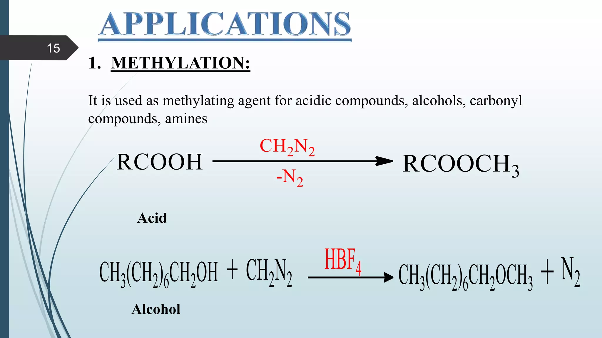 1. METHYLATION:
It is used as methylating agent for acidic compounds, alcohols, carbonyl
compounds, amines
Acid
Alcohol
15
 