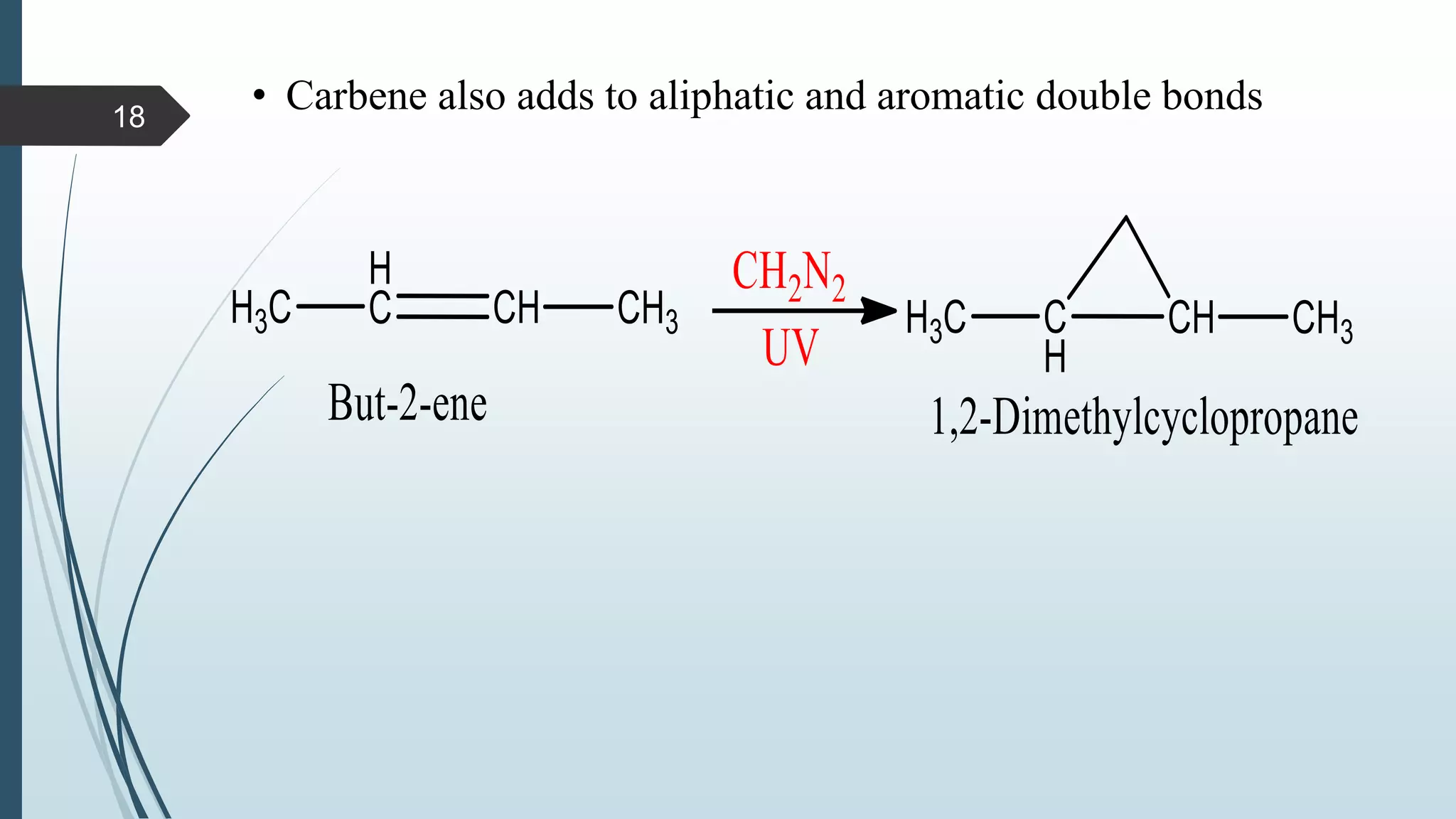• Carbene also adds to aliphatic and aromatic double bonds18
 
