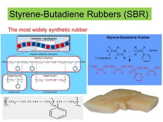 Styrene-Butadiene Rubbers (SBR)
The most widely synthetic rubber
 