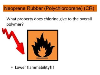 What property does chlorine give to the overall
polymer?
• Lower flammability!!!
Neoprene Rubber (Polychloroprene) (CR)
 
