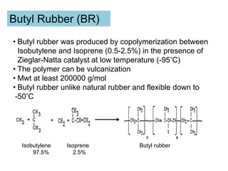 Butyl Rubber (BR)
+
Isobutylene Isoprene Butyl rubber
97.5% 2.5%
• Butyl rubber was produced by copolymerization between
Isobutylene and Isoprene (0.5-2.5%) in the presence of
Zieglar-Natta catalyst at low temperature (-95 ̊C)
• The polymer can be vulcanization
• Mwt at least 200000 g/mol
• Butyl rubber unlike natural rubber and flexible down to
-50 ̊C
 