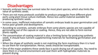 Disadvantages
• Somatic embryos have low survival rates for most plant species, which also limits the
value of synthetic seeds.
• There are not many protocols available to produce propagules from different plant
parts using plant tissue culture methods. Hence less useful material available for
producing synthetic seeds.
• In some cases, inefficient maturation of somatic embryos leads to poor germination and
hence poor growth and development.
• According to scientists, somatic embryos from some plants species are not capable of
germinating out of the capsule or coating. Hence, they are not able to form normal
plants rapidly.
• The concentration of coating material is also a limiting factor for producing synthetic
seeds. It should have nutrient supplementing materials for facilitating germination and
growth.
• When the shape of synthetic seeds is not matching the farm machinery then it is hard
to use them for transplantation. Hence, seeds should be transplantable.
• One of the major problems these seeds face is quick drying out of capsules. You need to
store them in a humid environment and coat them with hydrophobic materials to
prevent drying.
 