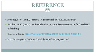 REFERENCE
25/25
 Moshtaghi, N. (2020, January 1). Tissue and cell culture. Elsevier
 Razdan, M. K. (2002). An introduction to plant tissue culture. Oxford and IBH
publishing.
 Elsevier eBooks. https://doi.org/10.1016/b978-0-12-818638-1.00014-9
 http://barc.gov.in/publications/nl/2000/200009-02.pdf
 