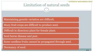 Limitation of natural seeds
4/25
Maintaining genetic variation are difficult.
Many fruit crops are difficult to produce seed.
Difficult in dioecious plant for female plant.
Seed borne disease and pest.
Some seedless fruits cannot be propagated through seed.
Dormancy of seed.
SYNTHETIC SEED PRODUCTION
 