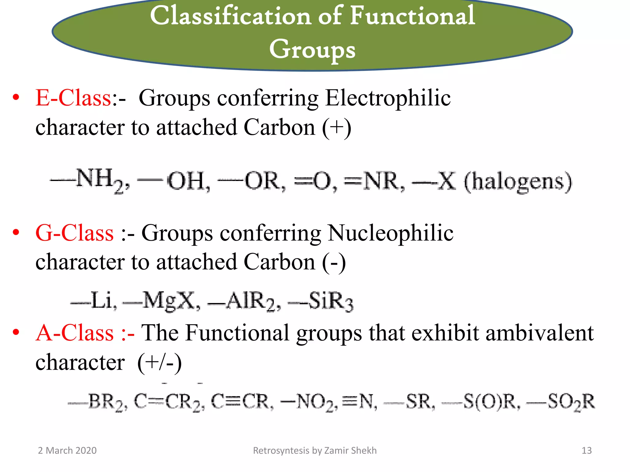 • E-Class:- Groups conferring Electrophilic
character to attached Carbon (+)
• G-Class :- Groups conferring Nucleophilic
character to attached Carbon (-)
• A-Class :- The Functional groups that exhibit ambivalent
character (+/-)
2 March 2020 Retrosyntesis by Zamir Shekh 13
Classification of Functional
Groups
 