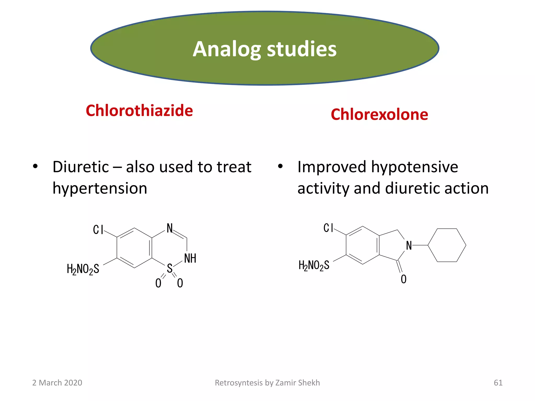 Chlorothiazide
• Diuretic – also used to treat
hypertension
Chlorexolone
• Improved hypotensive
activity and diuretic action
N
NH
S
Cl
O O
H2NO2S 2NO2SH
Cl
N
O
61Retrosyntesis by Zamir Shekh2 March 2020
Analog studies
 