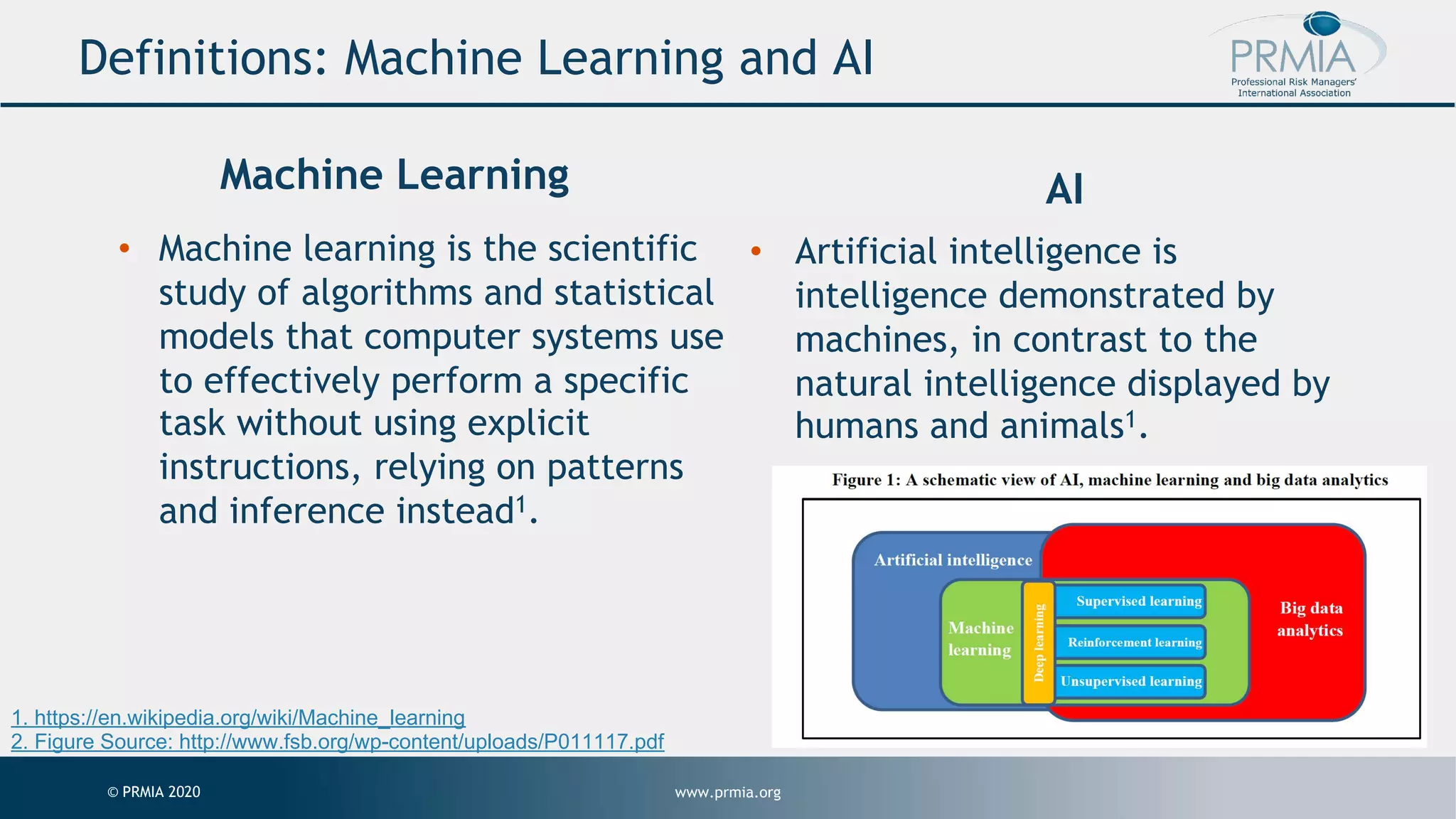 www.prmia.org© PRMIA 2020 Machine Learning 1. https://en.wikipedia.org/wiki/Machine_learning Figure Source: http://www.fsb.org/wp-content/uploads/P011117.pdf AI • Artificial intelligence is intelligence demonstrated by machines, in contrast to the natural intelligence displayed by humans and animals1. Definitions: Machine Learning and AI • Machine learning is the scientific study of algorithms and statistical models that computer systems use to effectively perform a specific task without using explicit instructions, relying on patterns and inference instead1. 1. https://en.wikipedia.org/wiki/Machine_learning 2. Figure Source: http://www.fsb.org/wp-content/uploads/P011117.pdf 