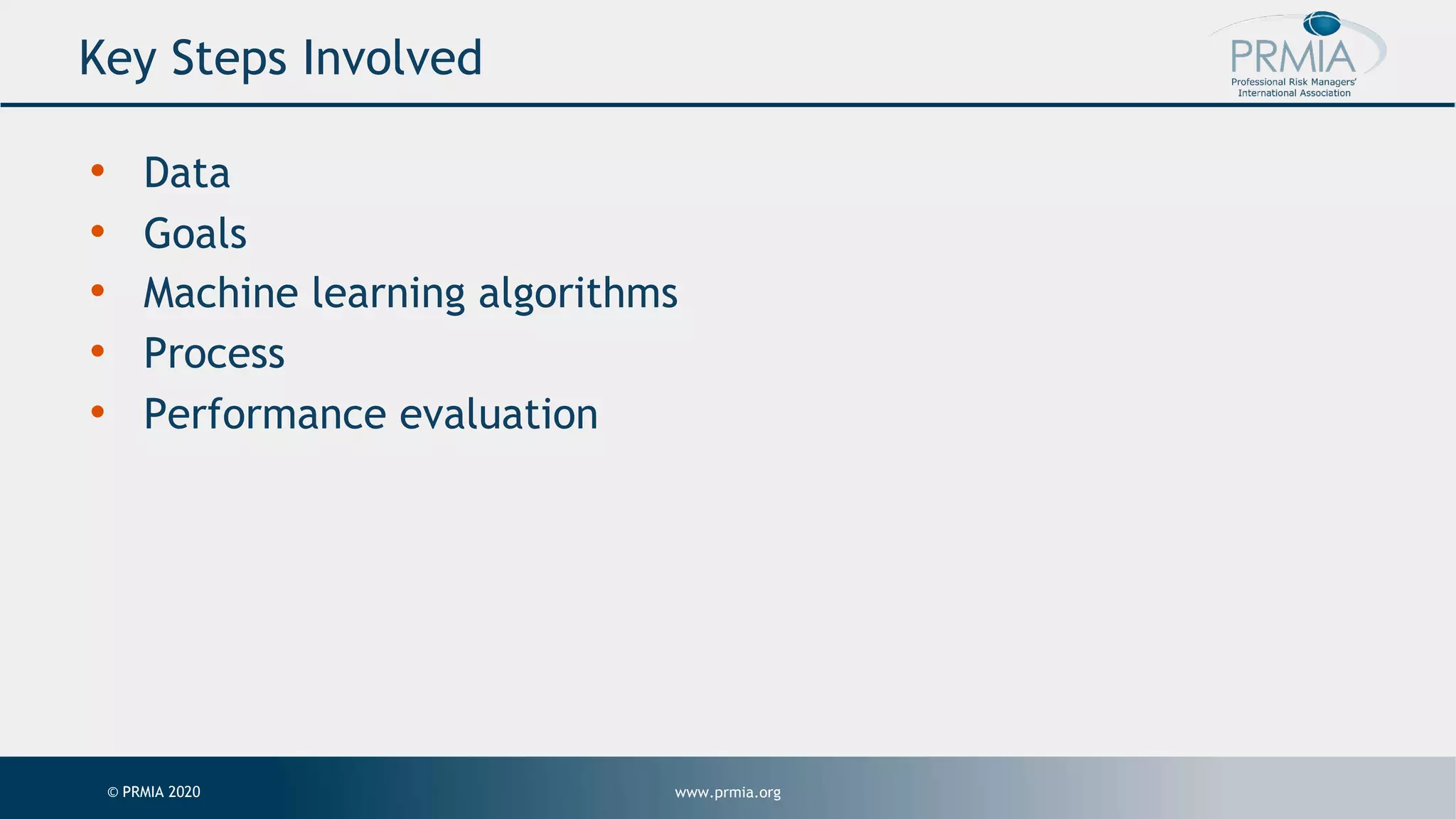 www.prmia.org© PRMIA 2020 Key Steps Involved • Data • Goals • Machine learning algorithms • Process • Performance evaluation 