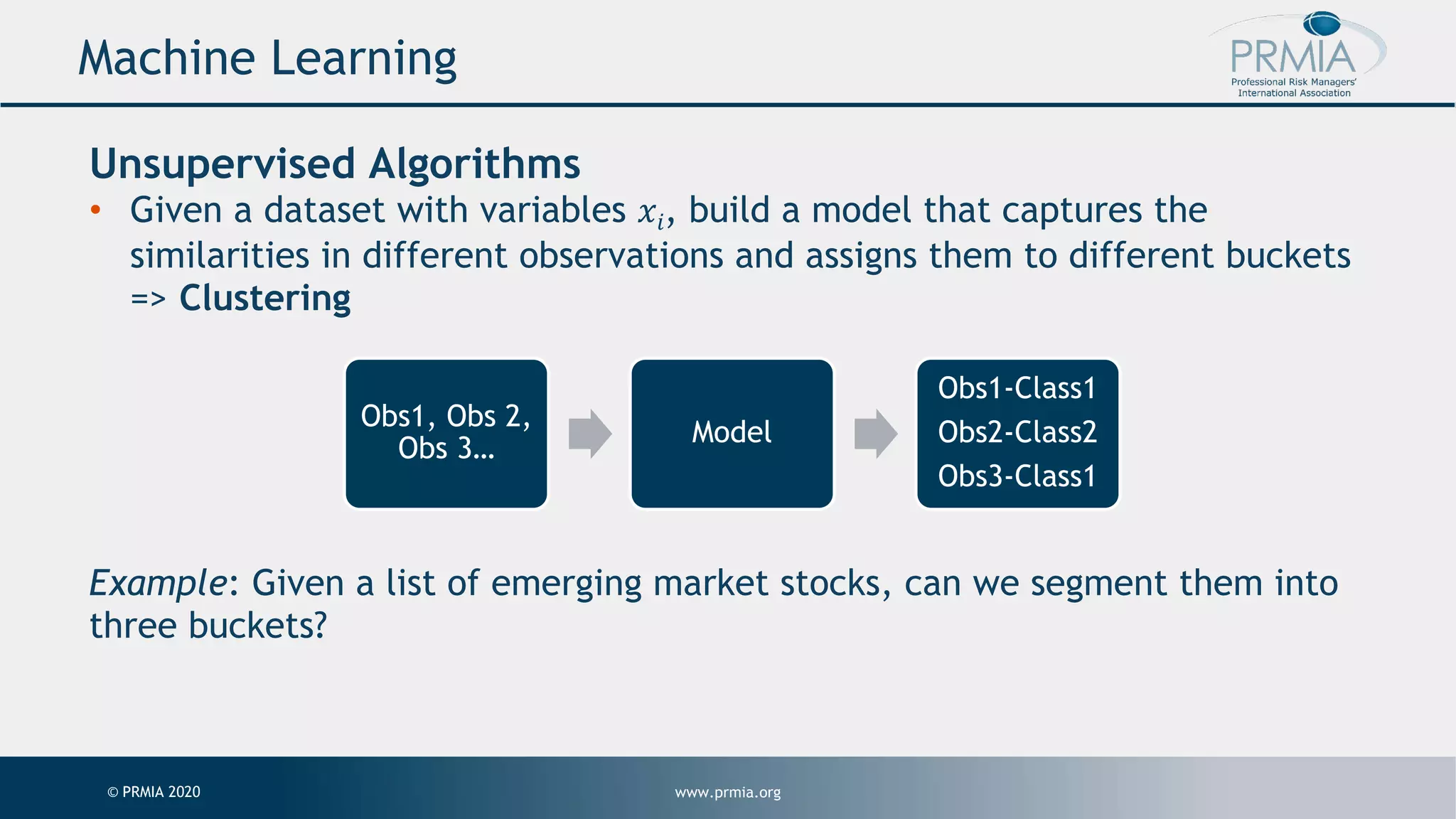 www.prmia.org© PRMIA 2020 Machine Learning Unsupervised Algorithms • Given a dataset with variables 𝑥𝑖, build a model that captures the similarities in different observations and assigns them to different buckets => Clustering Example: Given a list of emerging market stocks, can we segment them into three buckets? Obs1, Obs 2, Obs 3… Model Obs1-Class1 Obs2-Class2 Obs3-Class1 