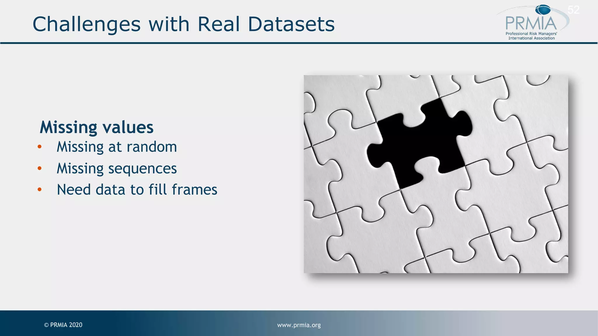 www.prmia.org© PRMIA 2020 52 Missing values • Missing at random • Missing sequences • Need data to fill frames Challenges with Real Datasets 