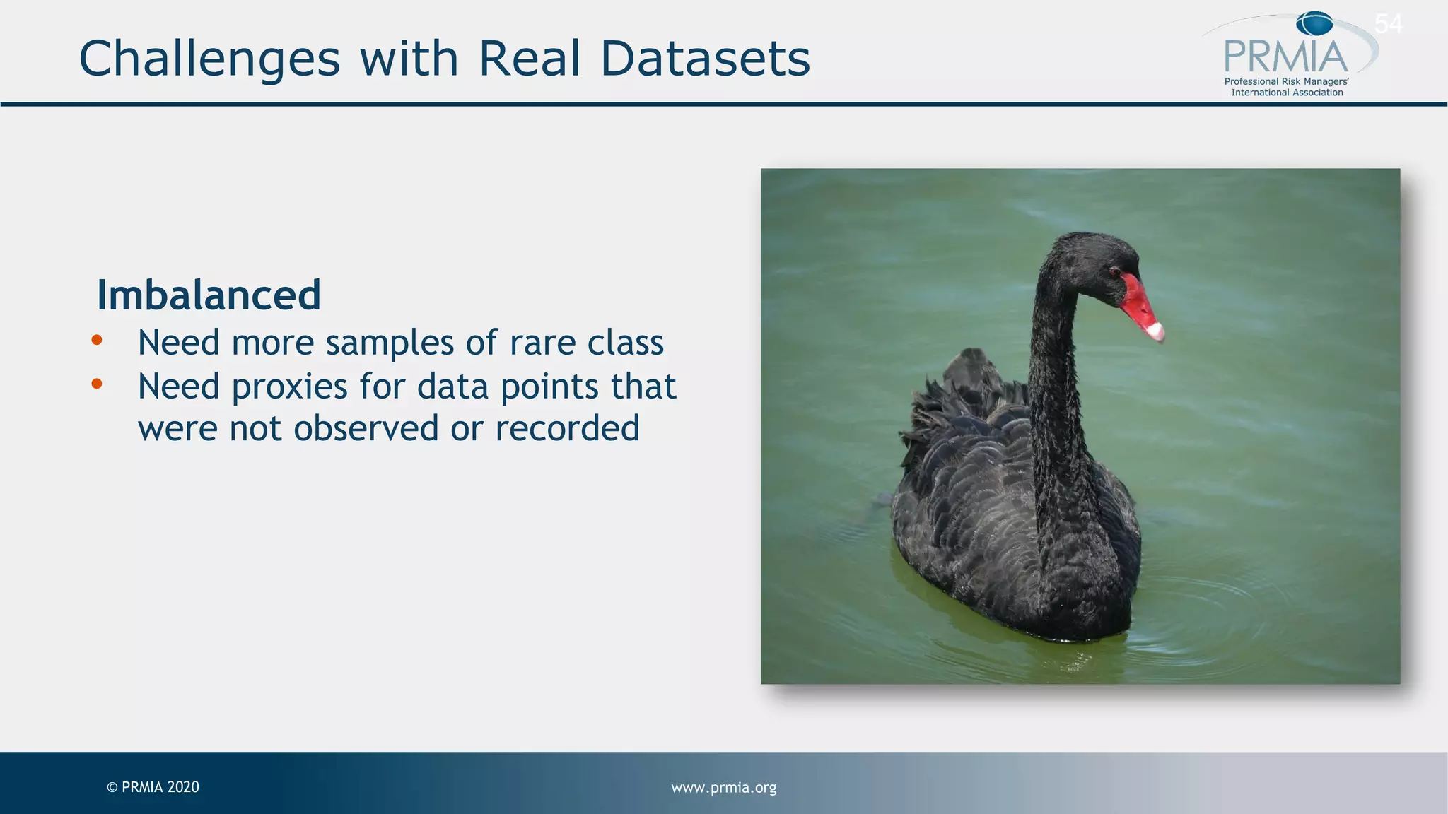 www.prmia.org© PRMIA 2020 54 Imbalanced • Need more samples of rare class • Need proxies for data points that were not observed or recorded Challenges with Real Datasets 