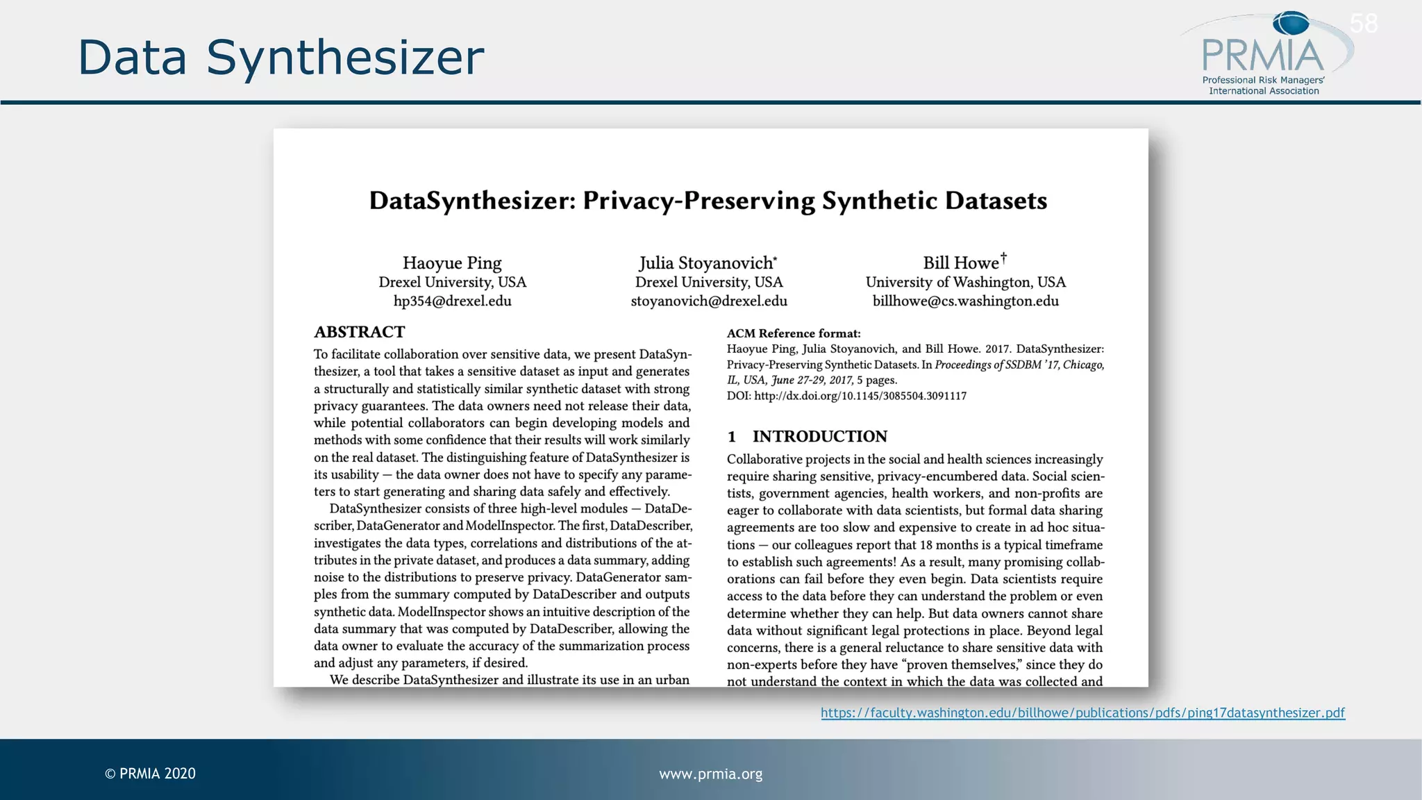 www.prmia.org© PRMIA 2020 58 Data Synthesizer https://faculty.washington.edu/billhowe/publications/pdfs/ping17datasynthesizer.pdf 