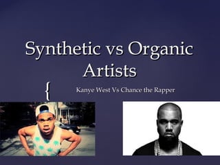 {{
Synthetic vs OrganicSynthetic vs Organic
ArtistsArtists
Kanye West Vs Chance the RapperKanye West Vs Chance the Rapper
 