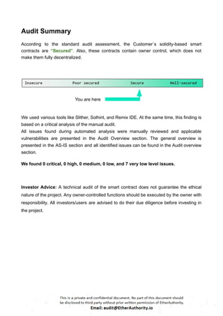 Audit Summary
According to the standard audit assessment, the Customer`s solidity-based smart
contracts are “Secured”. Also, these contracts contain owner control, which does not
make them fully decentralized.
You are here
We used various tools like Slither, Solhint, and Remix IDE. At the same time, this finding is
based on a critical analysis of the manual audit.
All issues found during automated analysis were manually reviewed and applicable
vulnerabilities are presented in the Audit Overview section. The general overview is
presented in the AS-IS section and all identified issues can be found in the Audit overview
section.
We found 0 critical, 0 high, 0 medium, 0 low, and 7 very low level issues.
Investor Advice: A technical audit of the smart contract does not guarantee the ethical
nature of the project. Any owner-controlled functions should be executed by the owner with
responsibility. All investors/users are advised to do their due diligence before investing in
the project.
 